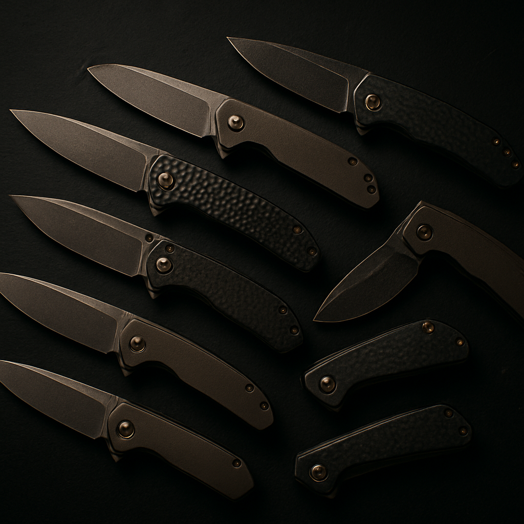 A curated collection of premium folding knives arranged on dark slate