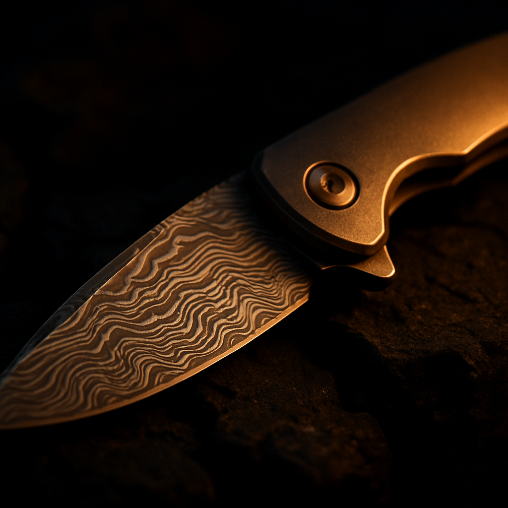 Macro detail of a damascus steel folding knife